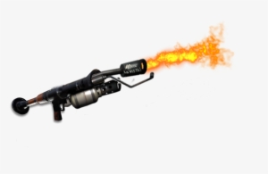 A black flamethrower emitting a bright orange flame against a white background.