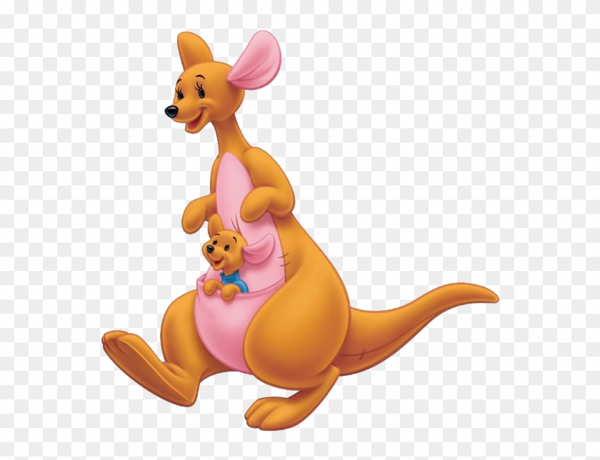 A cheerful orange kangaroo with a pink pouch carries a smiling baby joey inside, both animated in classic Disney style.