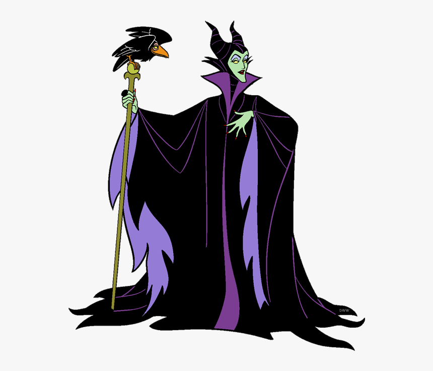 Maleficent, the Disney villain, in black and purple robes holding a staff with a crow perched atop.