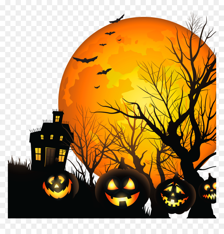 Spooky Halloween scene with glowing jack-o'-lanterns, haunted house, bare trees, bats, and a large orange full moon.