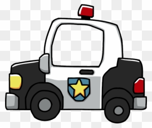 Cartoon-style police car with white body, black fenders, yellow headlights, red siren, and blue star badge on door.