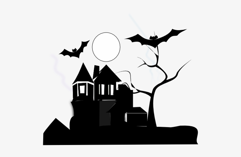 Silhouette of a haunted house under a full moon with bats flying and a bare tree nearby.