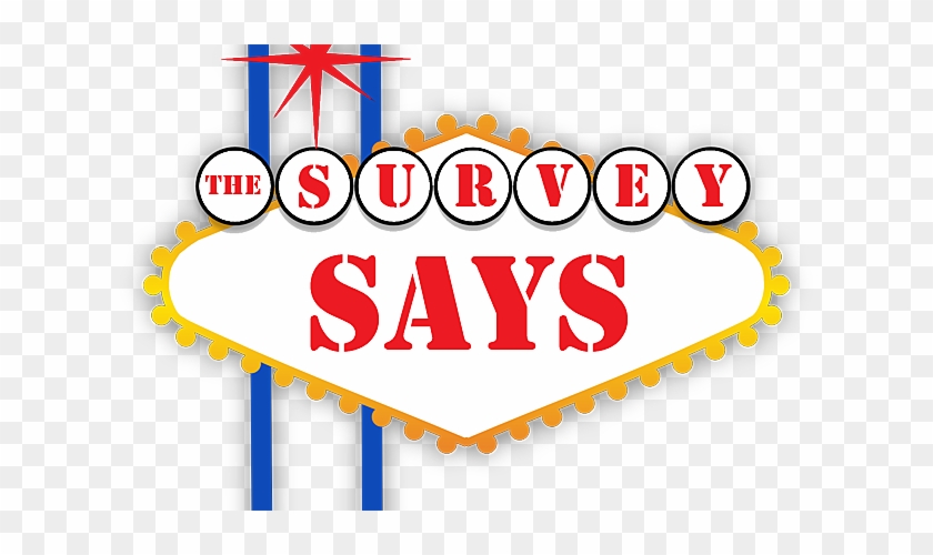 Vegas-style sign reading "THE SURVEY SAYS" in red letters on white with gold trim and blue poles.