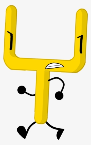 A cheerful yellow cartoon goalpost character with arms, legs, and a smiling face, marked with the number 1 on each upright.
