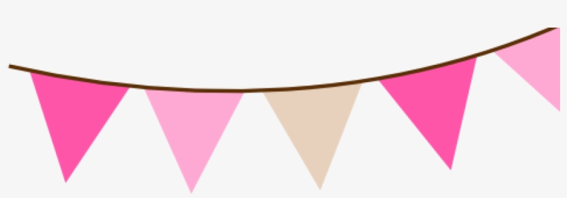 Pink and beige triangular bunting flags strung on a brown cord against a white background.