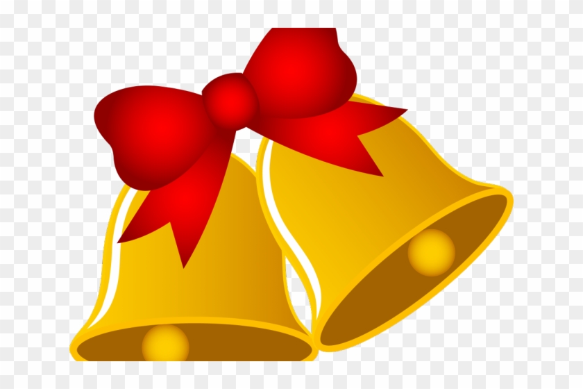 Two golden Christmas bells tied with a red ribbon bow, festive and shiny.