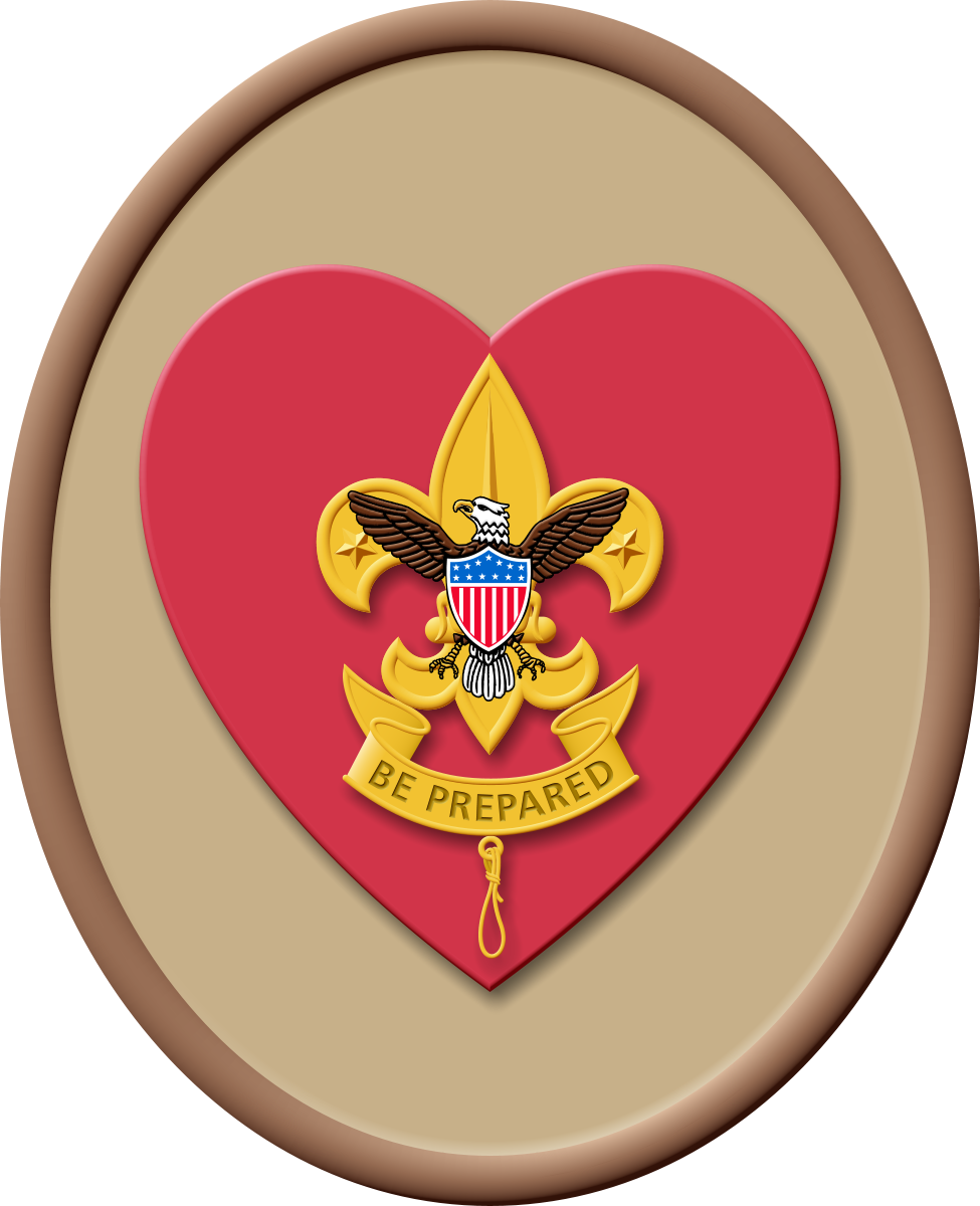 Boy Scouts of America emblem inside a red heart, framed in tan oval, with "Be Prepared" banner and eagle shield.