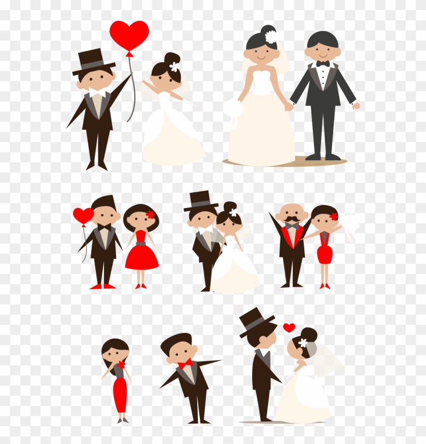 Flat-style cartoon wedding couples and guests in formal attire, holding hearts and balloons, on transparent background.