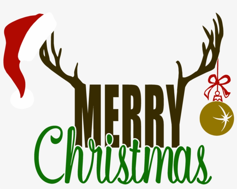 Festive "Merry Christmas" graphic with reindeer antlers, Santa hat, and gold ornament.