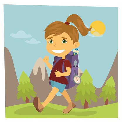 Smiling girl with backpack hiking through mountains at sunset.