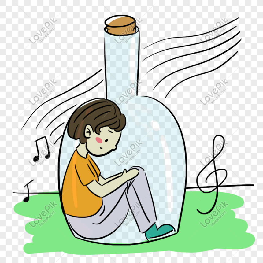 A sad boy sits inside a glass bottle on grass, with musical notes and wind lines around him, symbolizing emotional confinement.