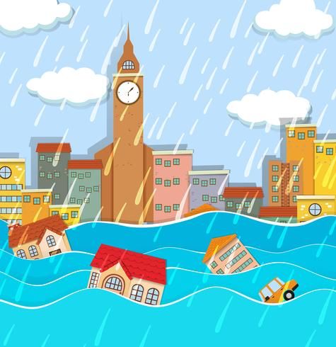 Cartoon city flooded by heavy rain with submerged houses, cars, and a clock tower.