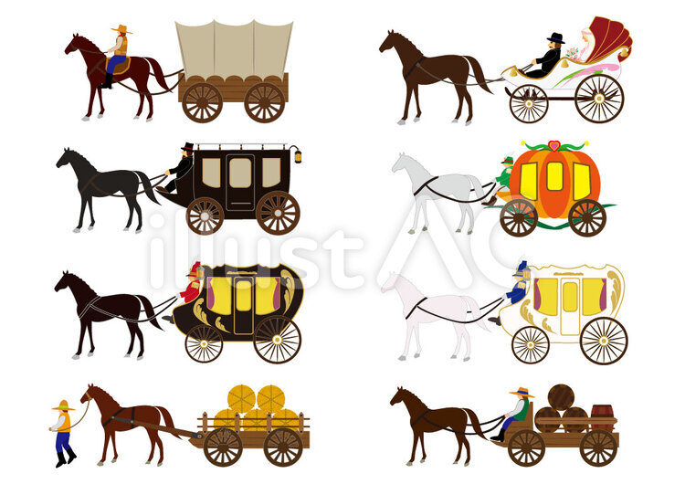 Collection of eight vintage horse-drawn carriages including stagecoaches, pumpkin carriage, and farm wagons in flat vector style.