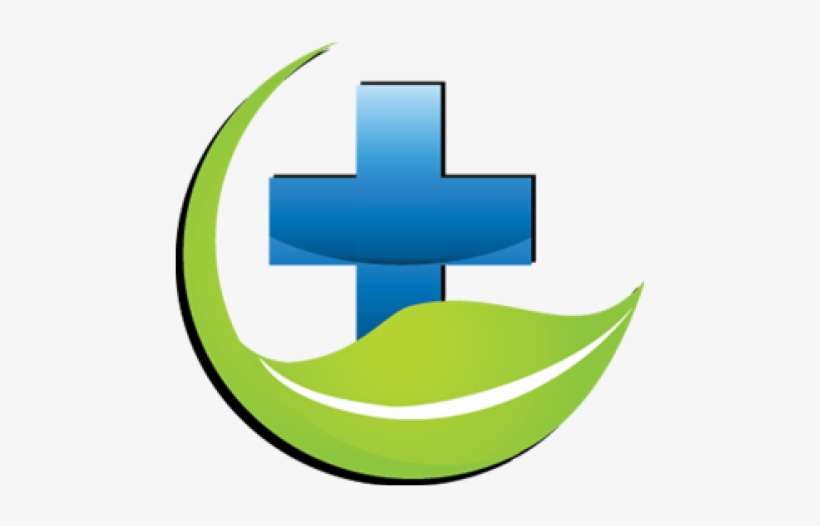 Blue medical cross encircled by a green leaf-shaped swirl, symbolizing health and nature.