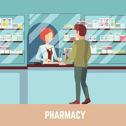 A pharmacist in a white coat hands medication to a customer across a pharmacy counter with shelves of medicines behind.