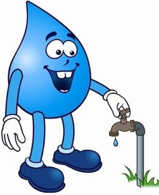 Friendly blue water droplet character turning off a dripping faucet to promote water conservation.
