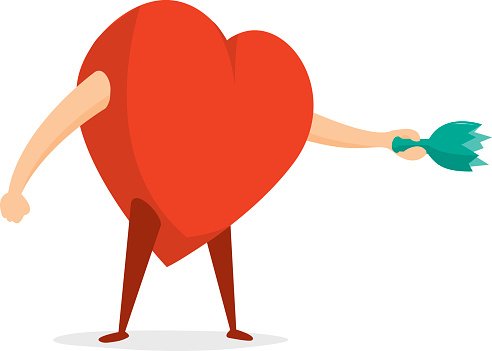 A red heart-shaped character with arms and legs, holding a green feather duster, standing confidently.