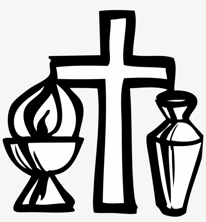 Christian symbols: a flaming chalice, cross, and oil vessel representing faith, sacrifice, and anointing.