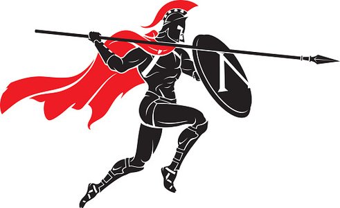 Spartan warrior in black armor with red cape, holding spear and shield, running dynamically forward.