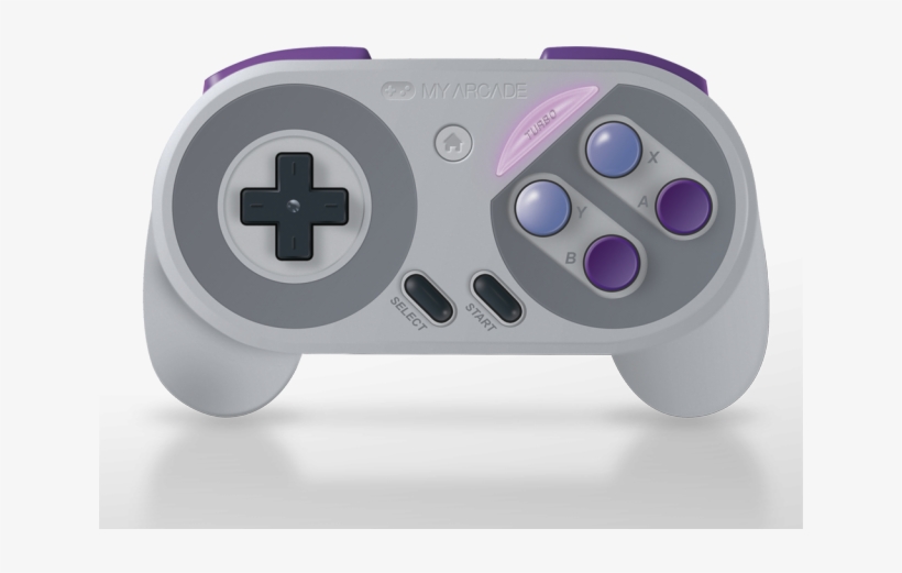 MyArcade Turbo SNES-style wireless game controller in gray and purple with classic D-pad and ABXY buttons.