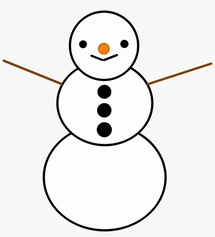 Simple cartoon snowman with three white circles, black eyes and buttons, orange carrot nose, brown stick arms, and smiling mouth.
