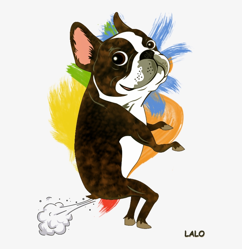 Playful brown-and-white French Bulldog cartoon farting with colorful brushstroke background, signed "LALO".