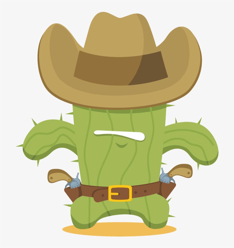 A cartoon cactus character wearing a cowboy hat, belt with two revolvers, and a confident smirk.
