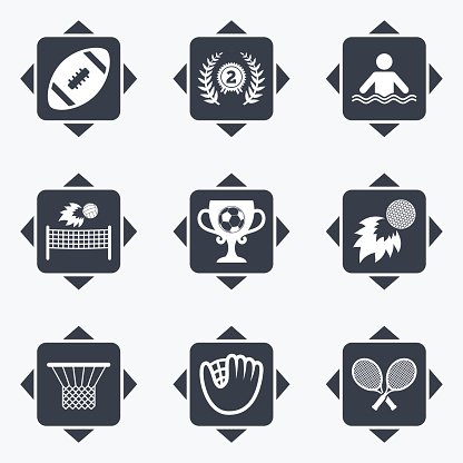 Nine sport icons in a grid: football, trophy, swimmer, volleyball, cup, golf, basketball hoop, baseball glove, tennis rackets.