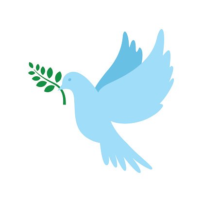 Light blue dove in flight holding a green olive branch, symbolizing peace and hope.