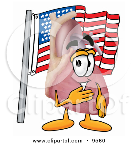 Cartoon heart character saluting beside a waving American flag.