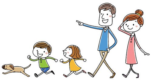 Happy family of four walking with a dog, smiling and pointing ahead in a cheerful cartoon style.