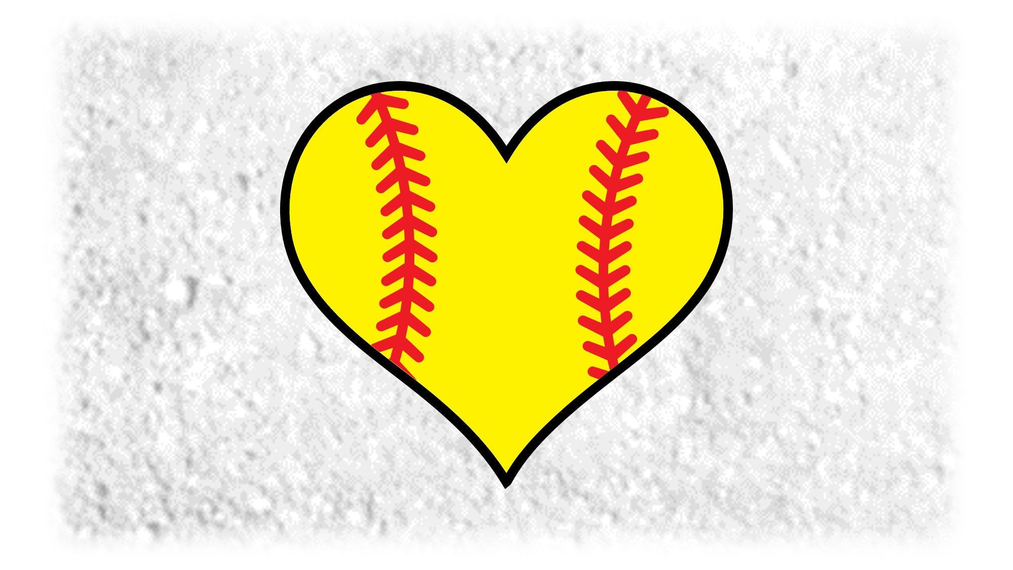 Yellow heart-shaped softball with red stitching on textured gray background.