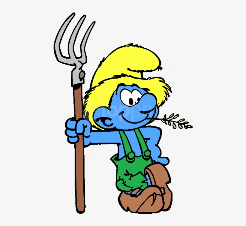 A cheerful blue Smurf with yellow hair, green overalls, and brown boots holds a pitchfork and wheat stalk.