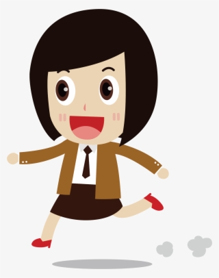 Cheerful cartoon businesswoman in brown suit running with enthusiasm and dust clouds behind her feet.