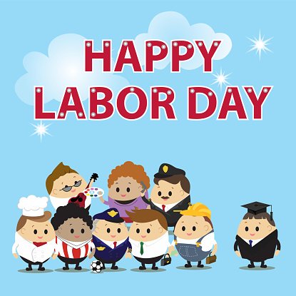 Cartoon characters in various professions celebrating Happy Labor Day under a blue sky with clouds and stars.
