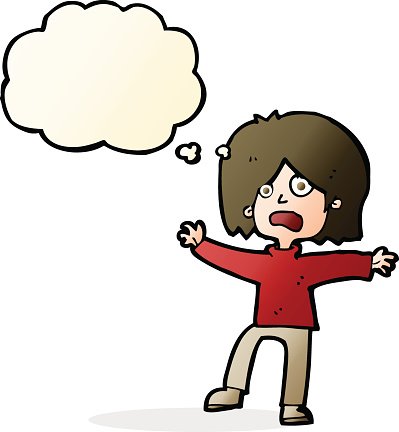 Cartoon person with wide eyes and open mouth, arms outstretched, thinking bubble above head.