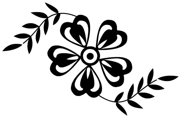 Black and white stylized floral vector illustration with heart-shaped petals and leafy stems on a white background.
