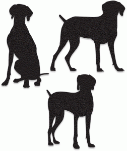 Three black silhouette illustrations of dogs in sitting, standing, and profile poses on a white background.