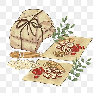 Illustration of traditional herbal ingredients including dried citrus slices, goji berries, red dates, white beans, and a burlap-wrapped bundle.