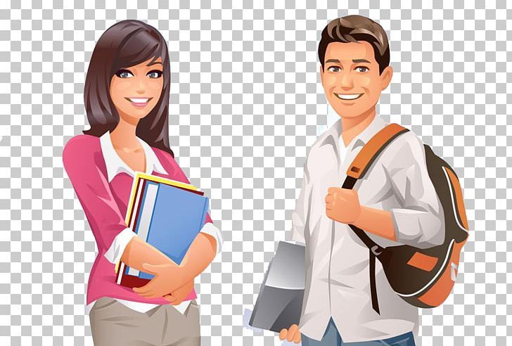 Smiling male and female students holding books and a backpack, ready for class.