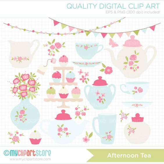 Pastel-colored afternoon tea clip art set with teapots, cups, cupcakes, flowers, and bunting flags on grid background.