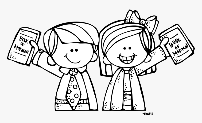 Two smiling cartoon children holding copies of the Book of Mormon, dressed in missionary attire.