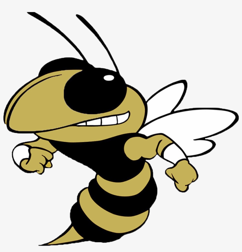 Cartoon bee mascot with black and gold stripes, smiling and running energetically.