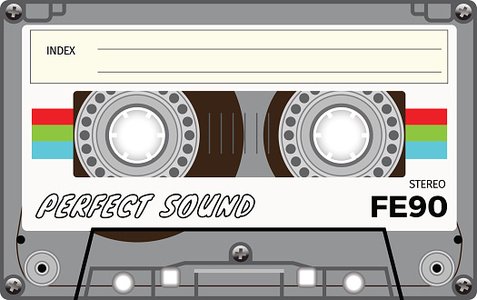 Vintage audio cassette labeled "PERFECT SOUND FE90" with stereo indicator and colorful stripes.