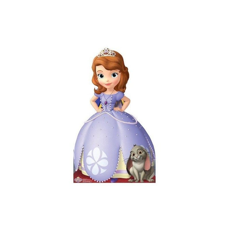 Sofia the First in a lavender gown with tiara, standing beside her rabbit friend Clover.