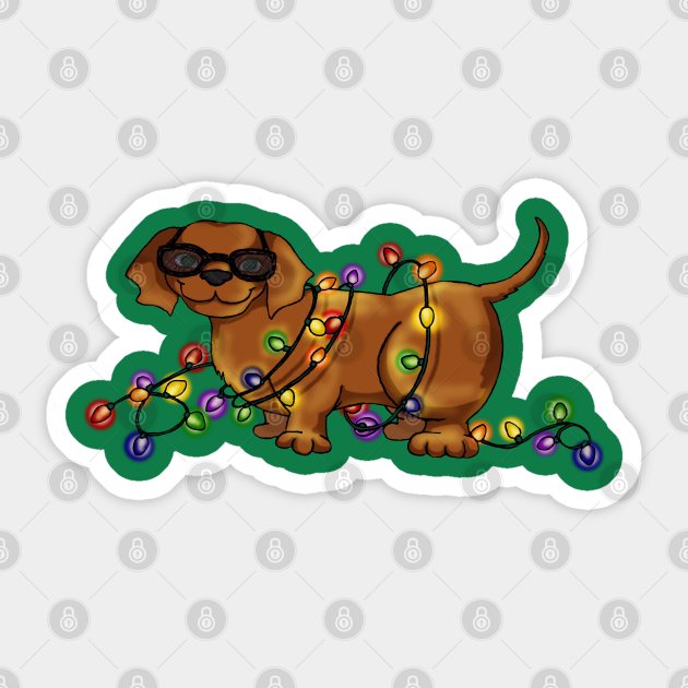 A cartoon dachshund wearing sunglasses and wrapped in colorful Christmas lights, lying on green foliage.