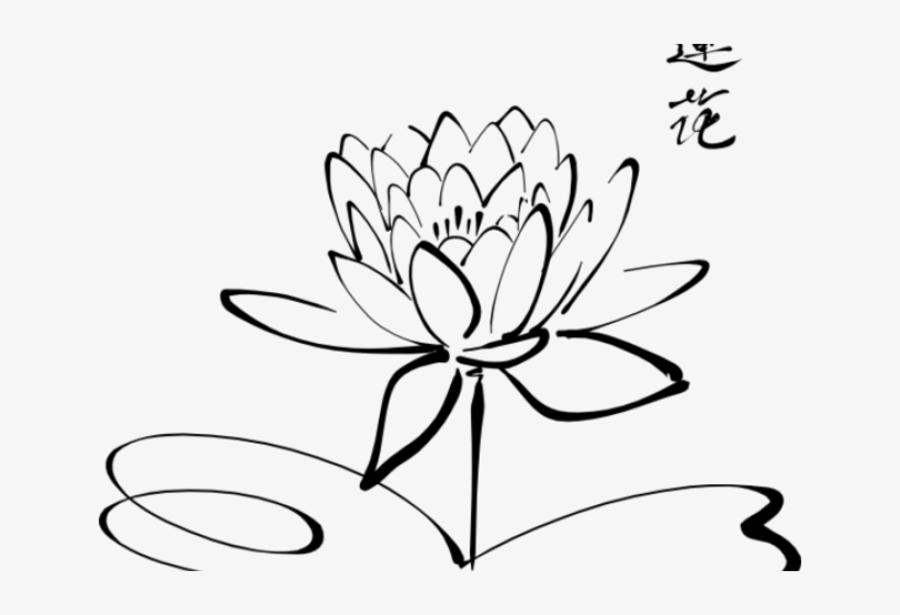 Black-and-white ink sketch of a blooming lotus flower with Chinese characters "莲花" (lotus) in upper right corner.