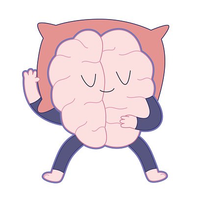 A smiling cartoon brain character wearing a pillow as a hat, waving and hugging itself with closed eyes.