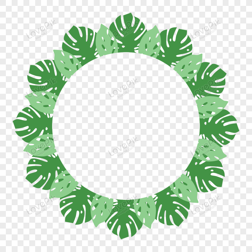Circular wreath made of green monstera leaves on transparent background, ideal for eco-themed designs.