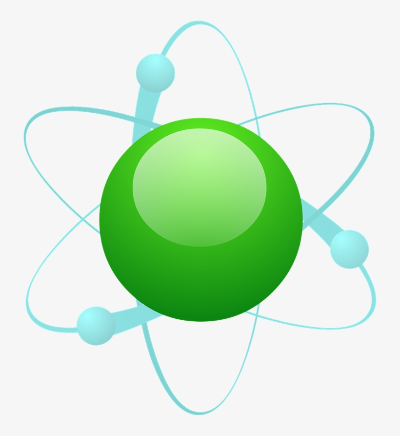 Green atom icon with light blue electron orbits and three orbiting particles, representing science or energy concepts.